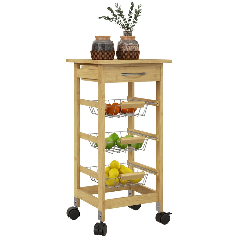 Chariot de cuisine EasyComfort à roulettes, tiroir et 3 paniers en treillis métallique, 37 x 37 x 76 cm, couleur bois