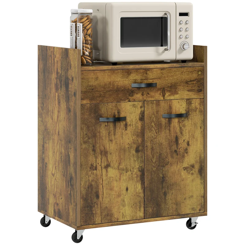 Desserte de cuisine EasyComfort avec tiroir, placard et 4 roulettes en bois, 60 x 40 x 77 cm, marron rustique