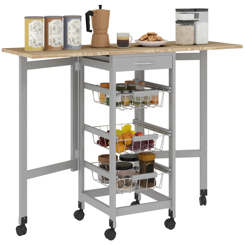 Chariot de cuisine EasyComfort avec 3 paniers, un tiroir et 2 rabats, en bois et métal, 37 x 37 x 77,5 cm, gris et chêne