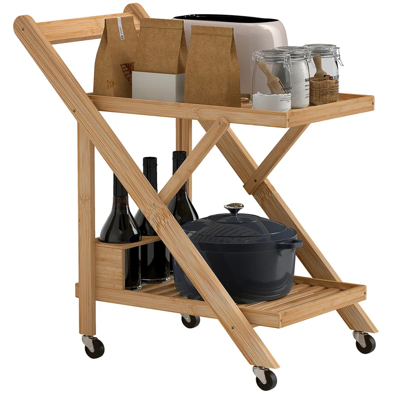 Chariot de cuisine pliable à 2 niveaux EasyComfort avec porte-bouteilles en bambou