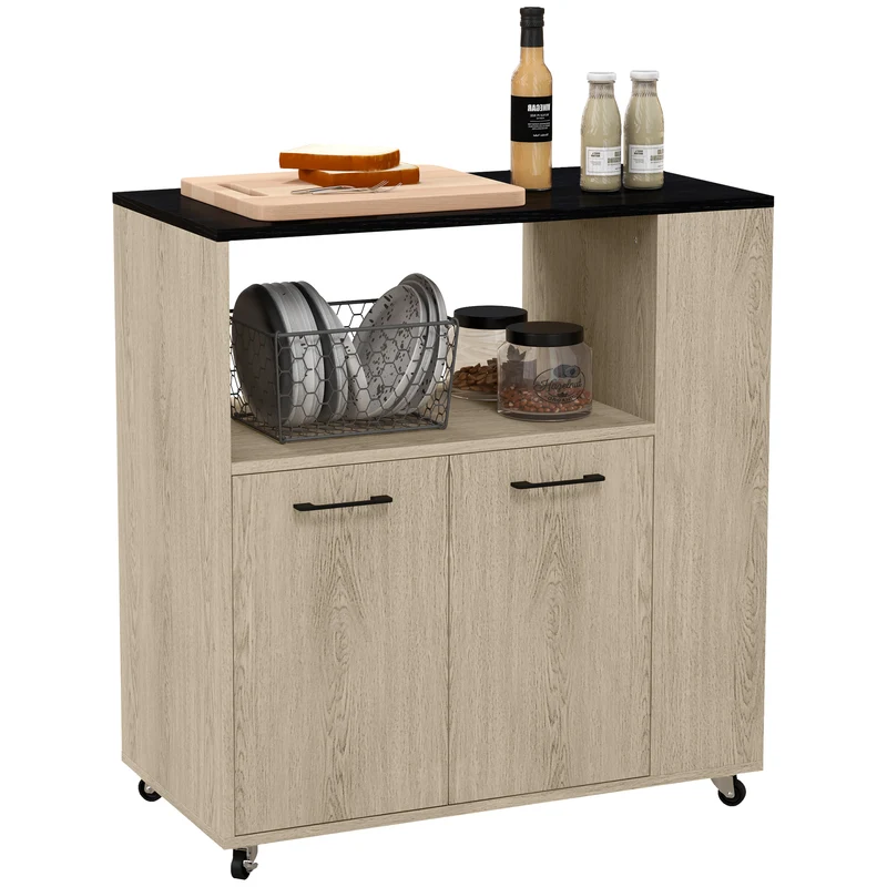 Chariot de cuisine Easycomfort en panneaux de particules avec étagère ouverte, placard à 2 portes et étagère latérale, 75 x 40 x 80,5 cm