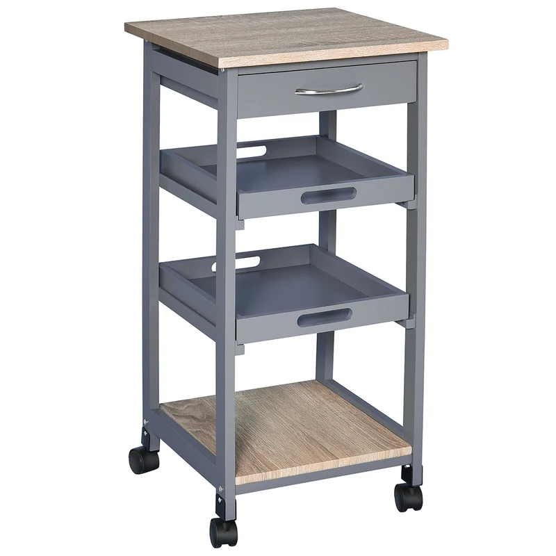 Chariot de cuisine Easycomfort avec tiroir, 2 plateaux amovibles et étagère fixe, en pin et MDF, 37 x 37 x 76 cm