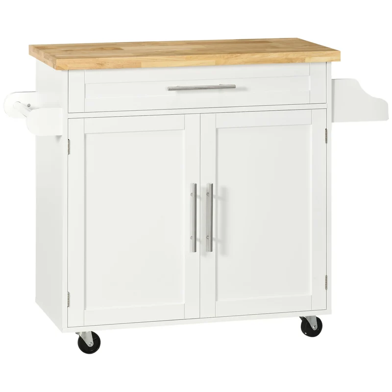 Chariot de cuisine Easycomfort avec tiroir, étagère à épices, placard et 4 roulettes, 109 x 40 x 89 cm, blanc