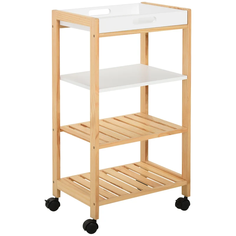 Chariot de cuisine Easycomfort à 4 niveaux en MDF et pin, avec 4 roulettes pivotantes, 40 x 30 x 76 cm, blanc et marron