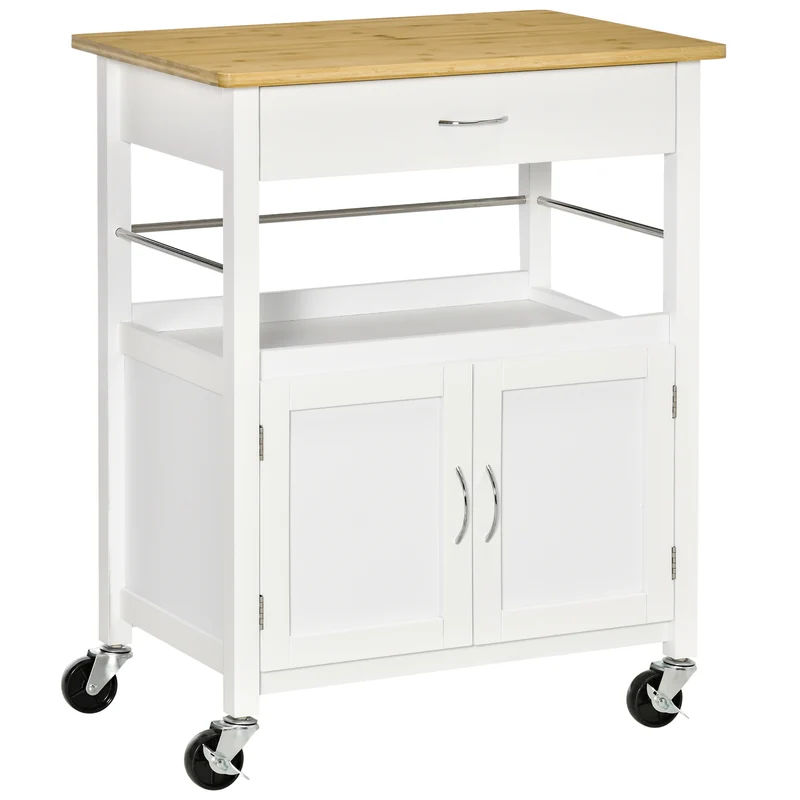 Chariot de cuisine Easycomfort avec tiroir, placard et étagère, plateau en bambou et 4 roues, blanc