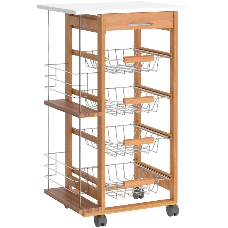 Chariot de cuisine Easycomfort en bois marron avec 1 tiroir et 4 paniers en métal