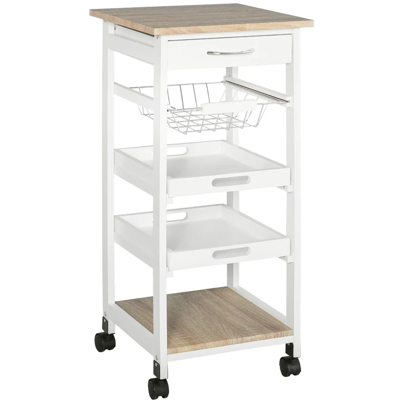 Chariot de cuisine gain de place Easycomfort en pin et MDF, avec tiroir, panier, 2 plateaux et 4 roulettes universelles, 37 x 37 x 82 cm, blanc