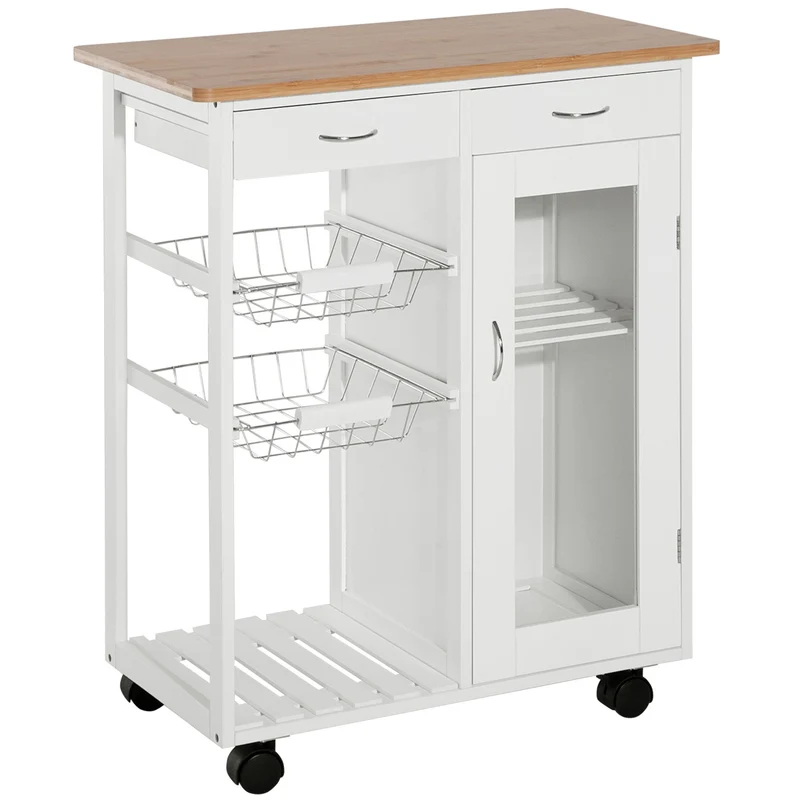 Desserte de cuisine Easycomfort avec roulettes, tiroirs et 2 paniers, meuble de cuisine gain de place en pin blanc, 70 x 37 x 85 cm