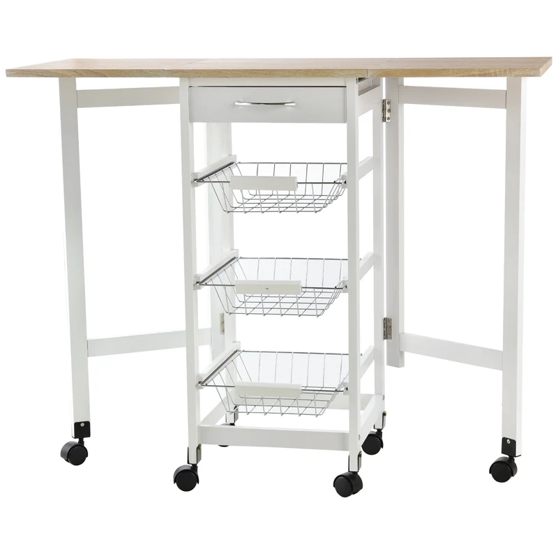 Chariot de cuisine pliable Easycomfort à 6 roues avec 3 paniers, un tiroir et 2 rabats, en MDF et métal, 37 x 37 x 77,5 cm, blanc et bois