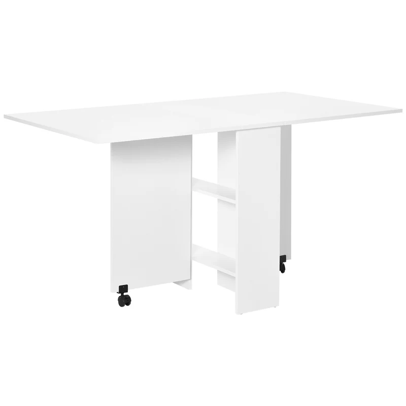 Table pliante gain de place Easycomfort, 2 étagères inférieures en bois, avec roulettes, pour 6 personnes, 75 cm (P) x 140 cm (L) x 74 cm (H), blanche