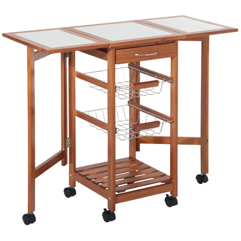 Chariot de cuisine Easycomfort avec plateau carrelé, compartiments auxiliaires, bois, métal chromé, 6 roues, tiroir