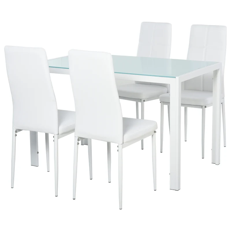 Ensemble Easycomfort 5 pièces comprenant 1 table et 4 chaises pour cuisine ou salle à manger, en similicuir, métal et verre trempé, blanc.