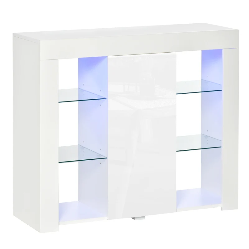 Buffet moderne Easycomfort avec éclairage LED et étagères en verre, meuble en bois multifonctionnel finition brillante, 97 x 35 x 83 cm, blanc