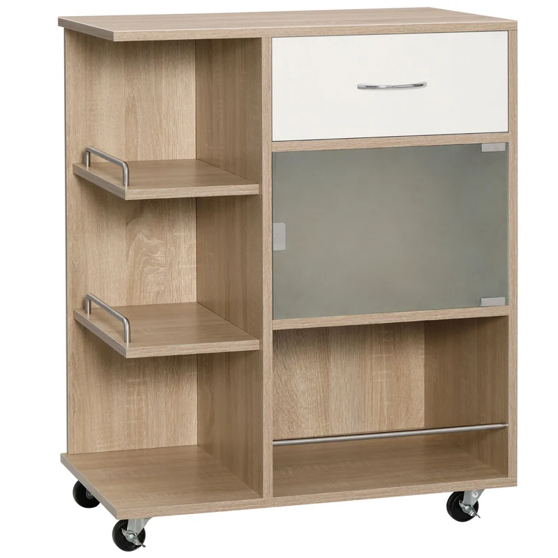 Chariot de cuisine Easycomfort avec tiroir, étagères et placard en bois, acier et verre, 65 x 39 x 80 cm