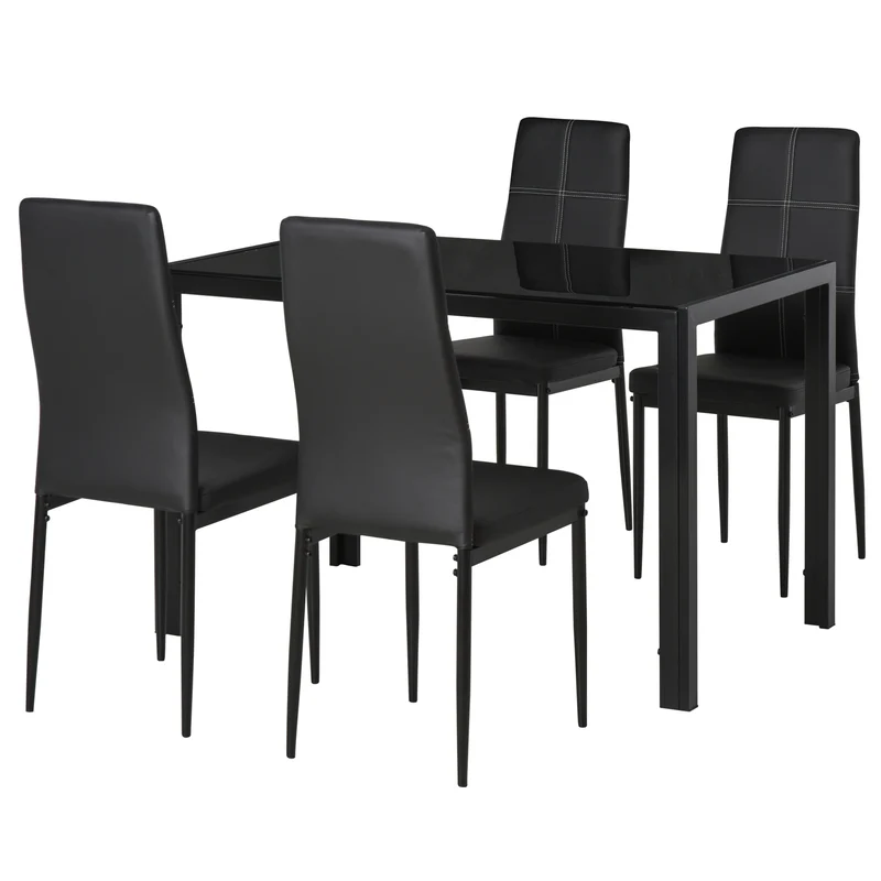 Ensemble Easycomfort 5 pièces comprenant 1 table et 4 chaises pour cuisine ou salle à manger, en similicuir, métal et verre trempé, noir.