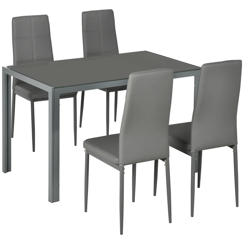 Ensemble de salle à manger Easycomfort 5 pièces comprenant 1 table et 4 chaises modernes en similicuir, métal et verre trempé, gris
