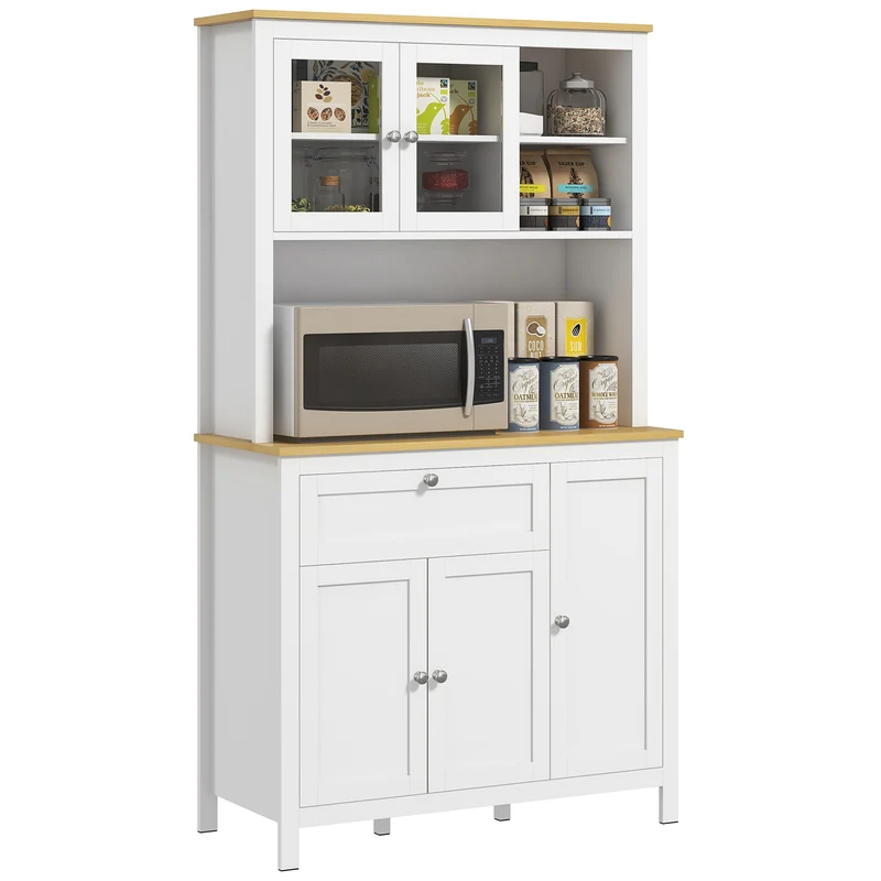 Garde-manger EasyComfort avec tiroirs, étagères ouvertes et étagères en bois réglables, 100 x 40 x 180 cm, blanc