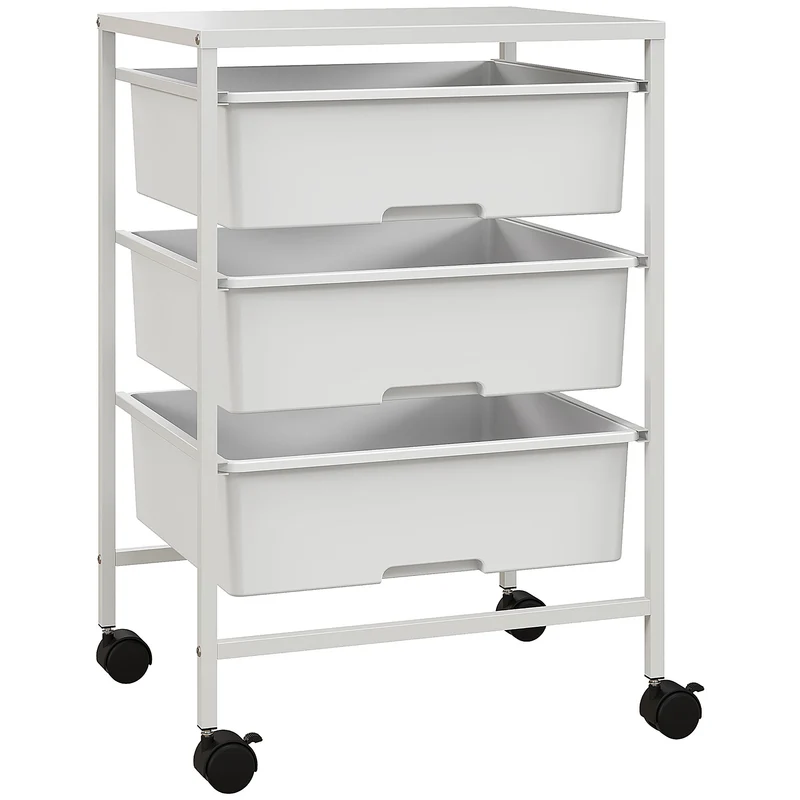 Chariot multifonction EasyComfort avec 3 paniers amovibles et roulettes pour la cuisine et le bureau, en acier et PP, blanc