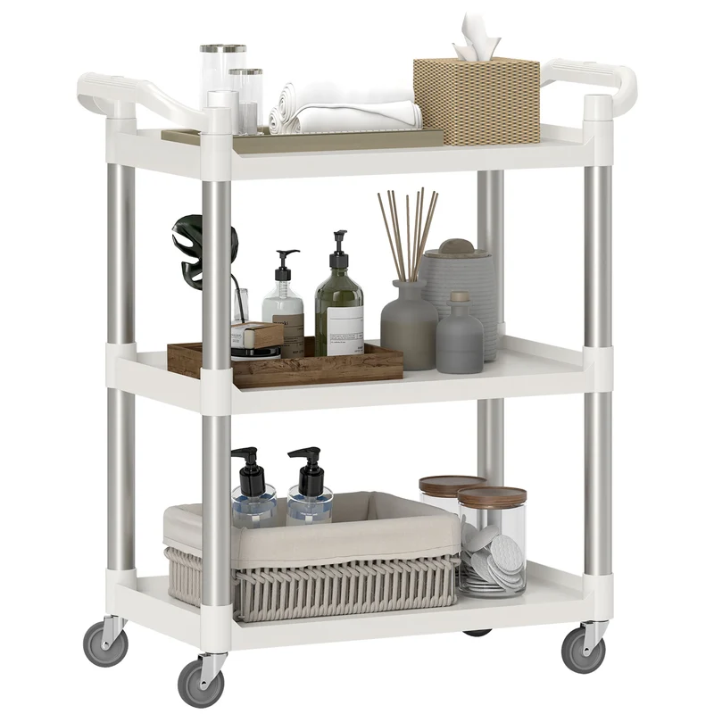 Chariot de service à 3 niveaux EasyComfort en polypropylène et alliage d'aluminium, 88 x 44 x 93 cm, blanc et argent
