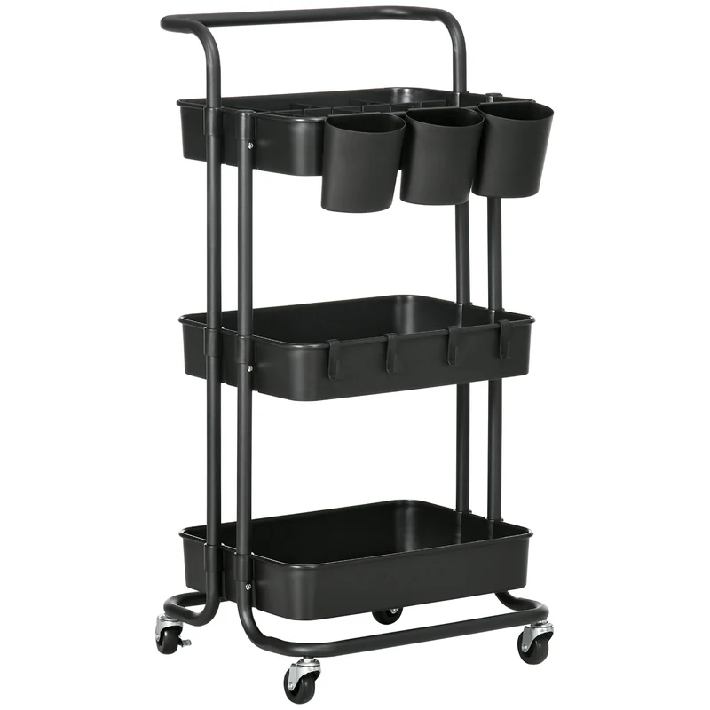 Chariot de cuisine multifonction EasyComfort à 3 niveaux avec paniers et crochets amovibles, étagère à 12 séparateurs, noir