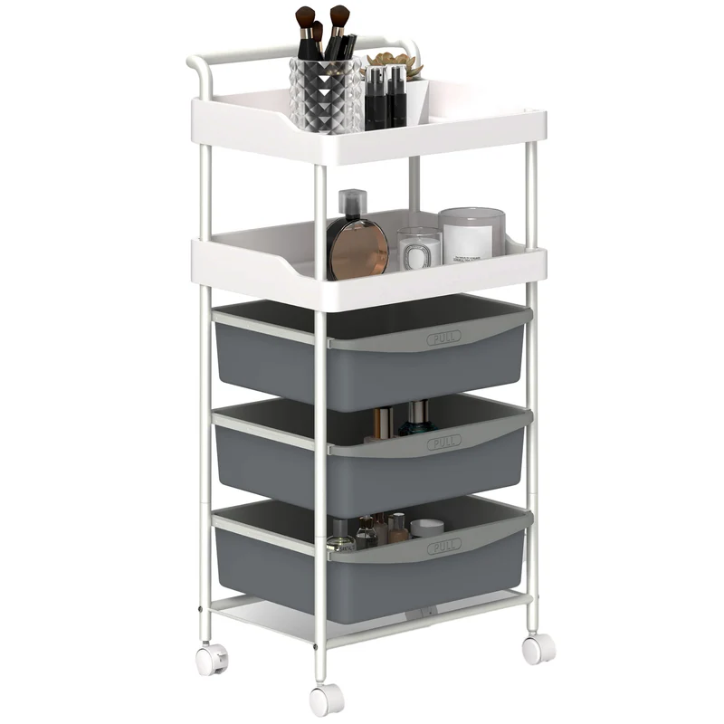Chariot de rangement EasyComfort avec 2 plateaux fixes et 3 plateaux coulissants, acier et polypropylène, 40 x 34 x 85 cm, blanc et gris