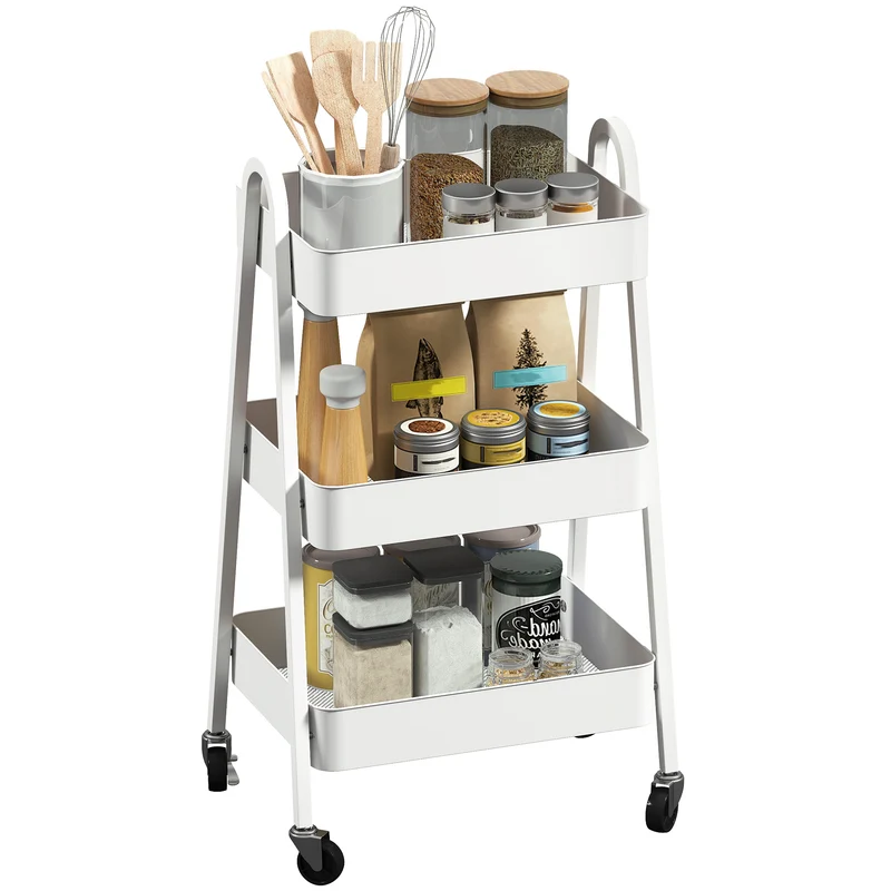Chariot de cuisine multifonction EasyComfort à 3 niveaux, roues pivotantes avec freins et poignées, blanc