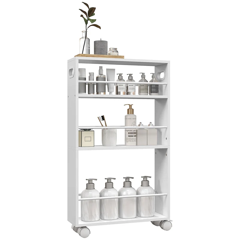 Chariot de cuisine et de salle de bain EasyComfort à 3 niveaux, gain de place, avec barres latérales et roues verrouillables, blanc