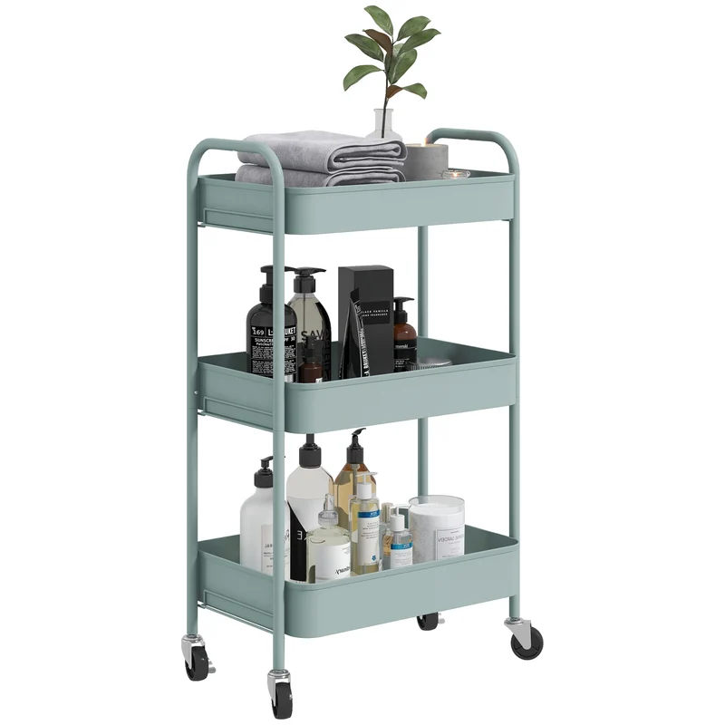 Chariot de cuisine EasyComfort à 3 niveaux avec poignées et 4 roues, acier, 45 x 30,6 x 79 cm, bleu