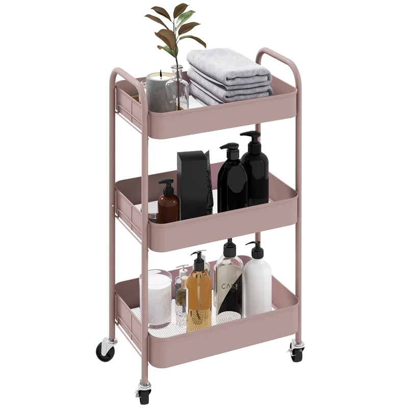 Chariot de cuisine EasyComfort à 3 niveaux avec poignées et 4 roues, acier, 45 x 30,6 x 79 cm, rose