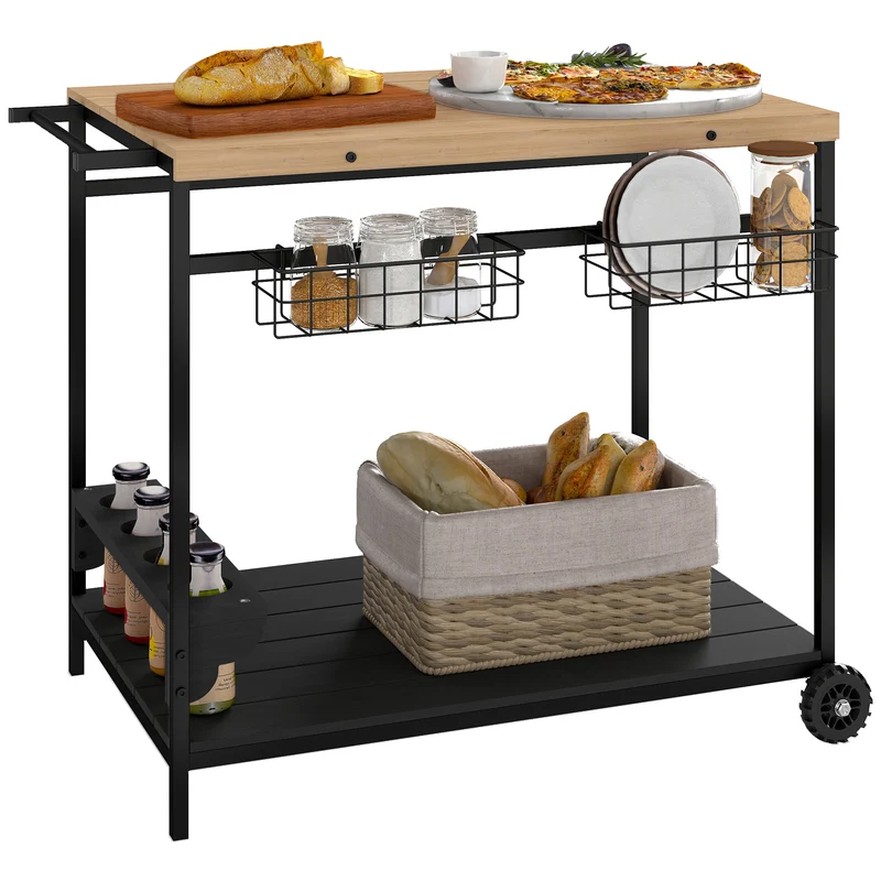 Chariot de jardin EasyComfort avec 2 étagères, 2 paniers et 4 porte-bouteilles, en bois de sapin, 97,5 x 65 x 81 cm