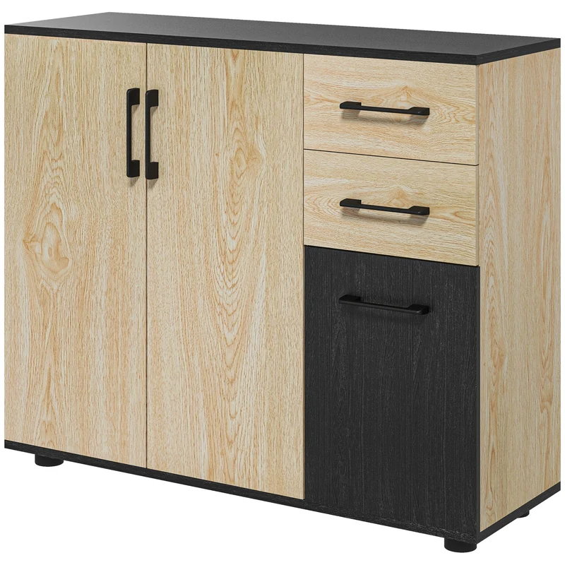 Buffet moderne Easycomfort avec 2 placards et 2 tiroirs en bois, 90 x 30 x 75,5 cm, noyer et noir