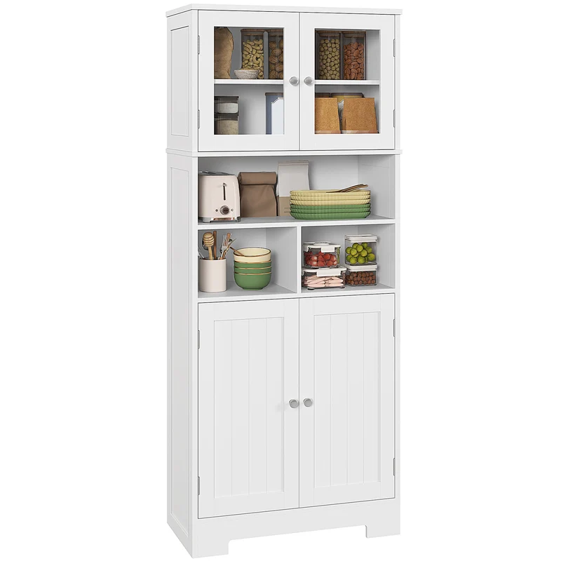 Buffet de cuisine EasyComfort avec 2 placards et 3 compartiments ouverts, portes vitrées et étagères réglables, 60 x 30 x 145,5 cm, blanc
