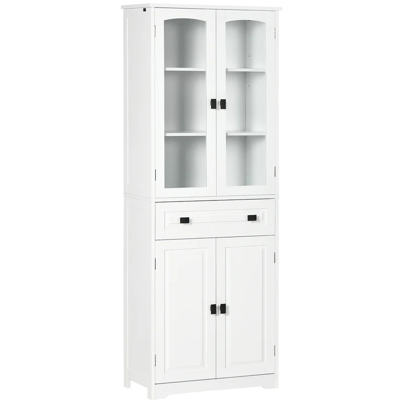 Buffet de cuisine haut EasyComfort avec 2 placards et un tiroir, portes vitrées et étagères réglables, 60 x 30 x 160 cm, blanc