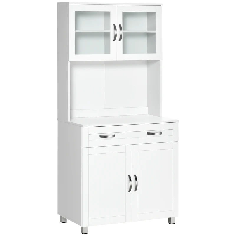 Meuble de cuisine moderne EasyComfort avec 2 placards, portes vitrées et étagères réglables, 80 x 48 x 170 cm, blanc