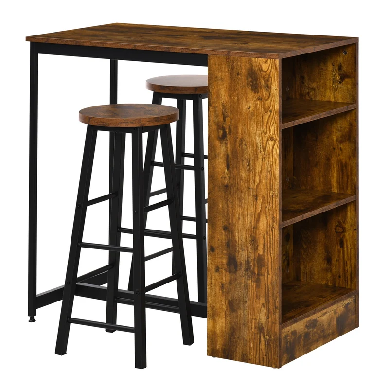 Ensemble comptoir de bar Easycomfort style industriel avec 2 tabourets hauts et étagères, marron rustique