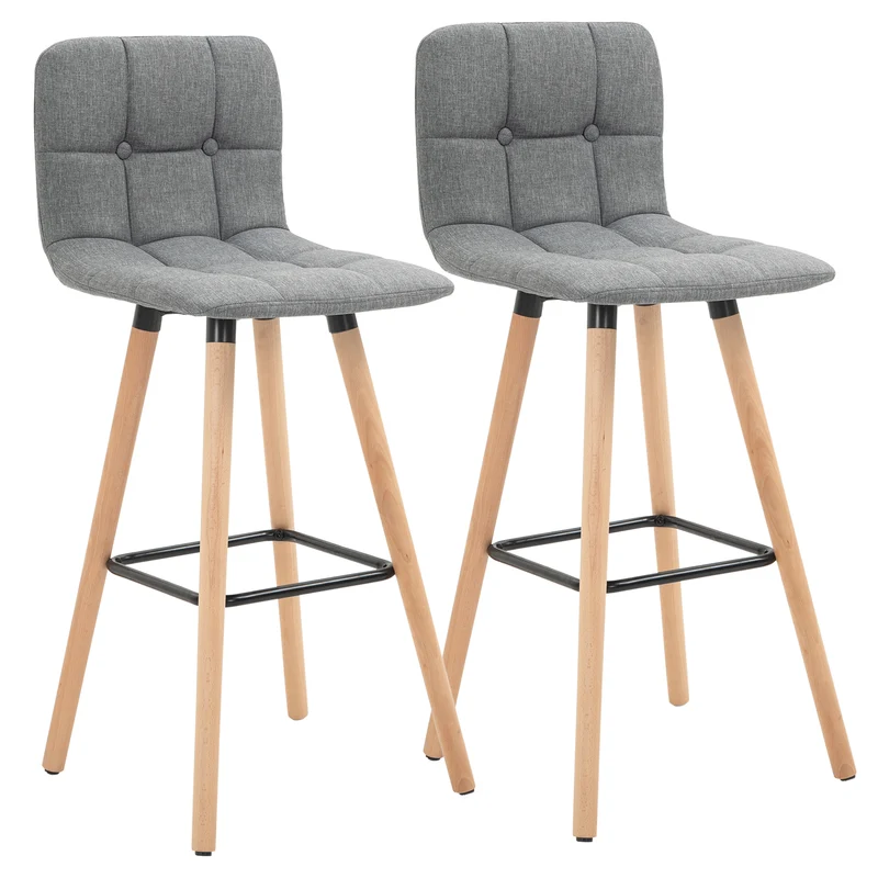 Ensemble de 2 tabourets de bar Easycomfort avec dossier et repose-pieds, assise rembourrée en tissu et pieds en bois, 41,5 x 47 x 97,5 cm, gris