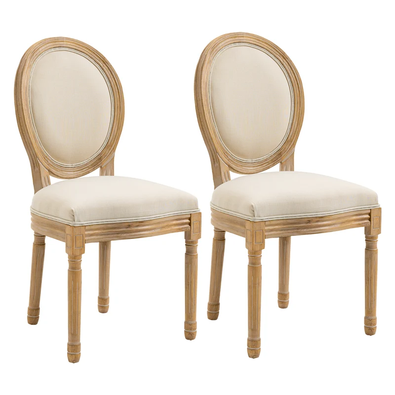 Ensemble de 2 chaises de salle à manger rembourrées Easycomfort, chaises de salon style rétro vintage en bois et tissu effet lin, blanc crème 49x56x96cm
