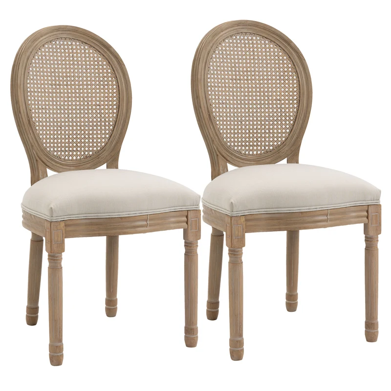Ensemble de 2 fauteuils de salon Easycomfort style vintage avec dossier perforé, en bois et tissu, 49 x 56 x 96 cm, blanc crème