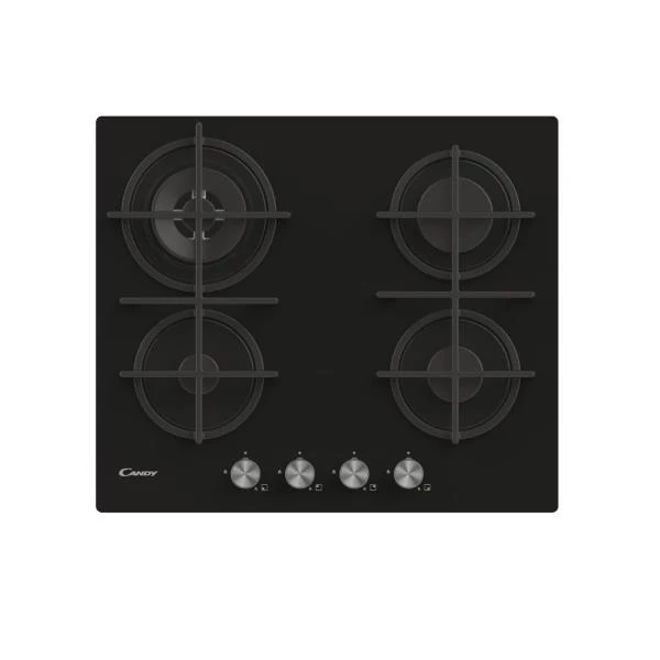 Plaque de cuisson à gaz 4 brûleurs Candy CVG6BR4WPB (L59,5 x P51) en verre trempé noir