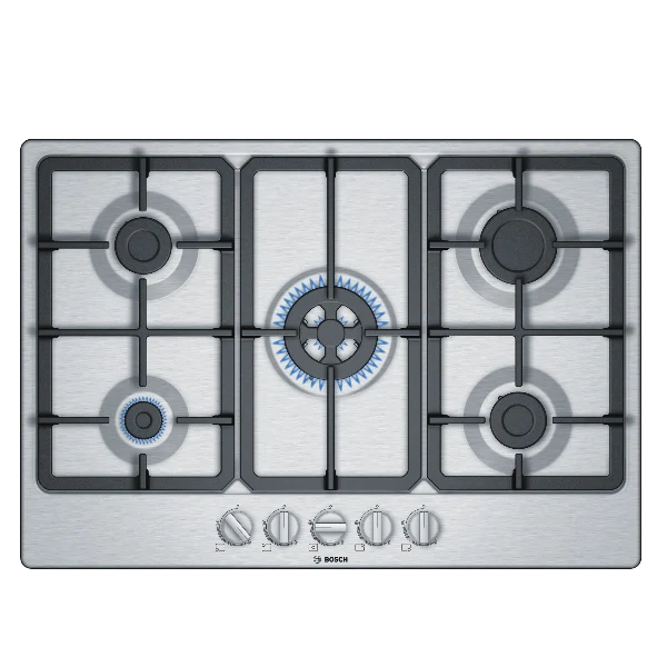 Plaque de cuisson à gaz Bosch Série 4 PGQ7B5B90 à 5 brûleurs (L75 x P52) en acier inoxydable