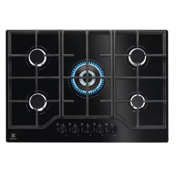 Plaque de cuisson à gaz Electrolux EGG7536K à 5 brûleurs (L74 x P51) en verre trempé noir