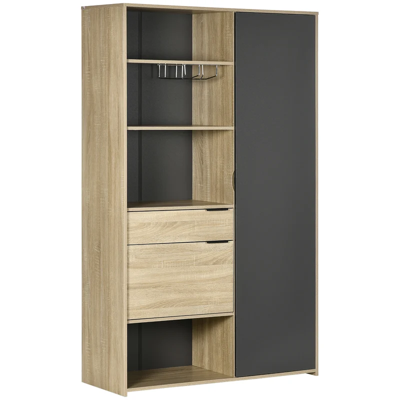 Buffet moderne Easycomfort avec placard, tiroir et porte-verres, 110 x 41,5 x 180 cm, bois naturel et gris