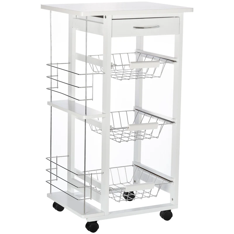 Chariot de cuisine gain de place Easycomfort en pin, avec 4 roues, tiroir et 3 corbeilles à fruits amovibles, blanc.