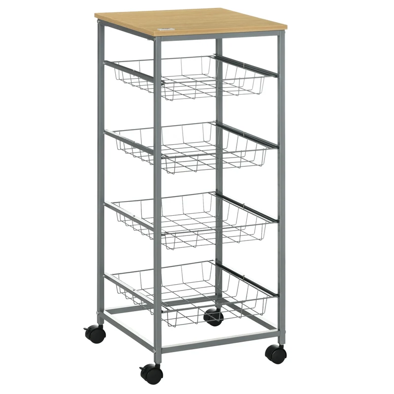 Chariot de cuisine Easycomfort gain de place avec roulettes, 4 paniers, acier et bois, 36,5 x 36,5 x 89 cm