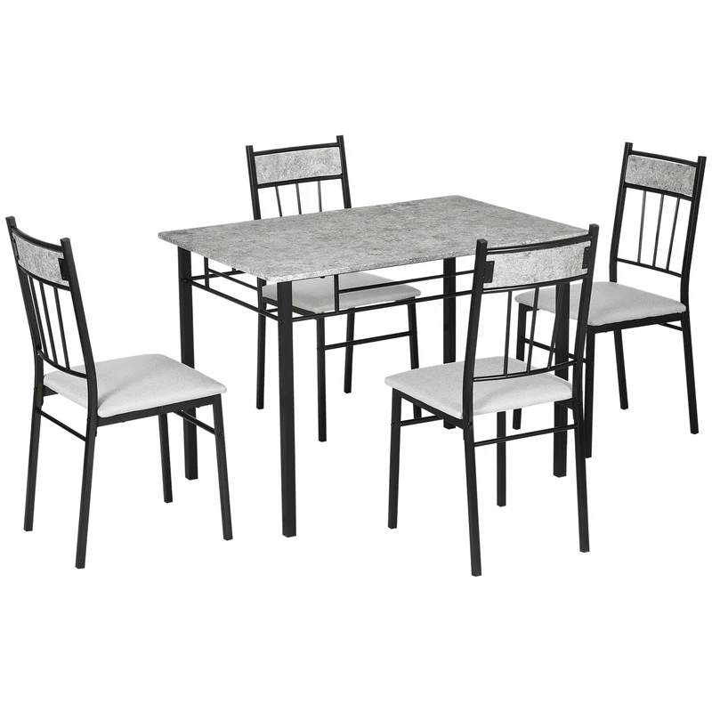 Ensemble table et chaises Easycomfort 5 pièces, table de salle à manger rectangulaire en métal et MDF et 4 chaises de salle à manger grises et noires