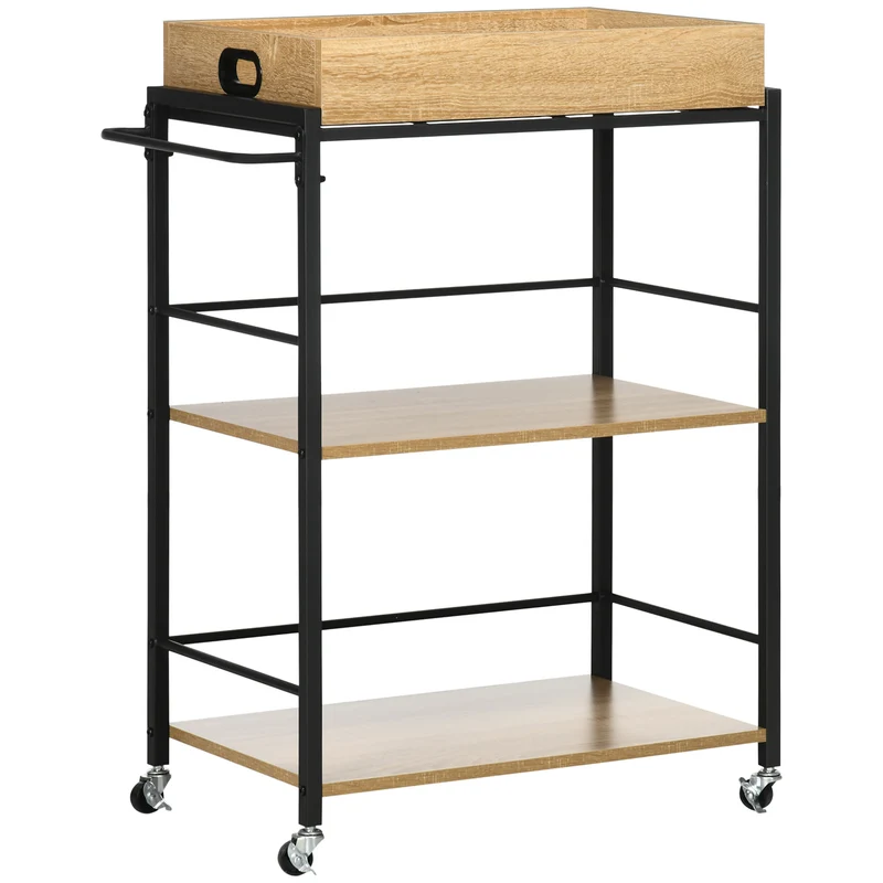 Chariot de cuisine Easycomfort à 3 niveaux avec plateau amovible et roulettes pivotantes, 72 x 40 x 94 cm, bois et noir
