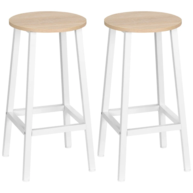 Easycomfort Set 2 Sgabelli da Cucina in Truciolato e Acciaio con Piano Liscio e Poggiapiedi, 32.5x32.5x65 cm, Bianco e Legno