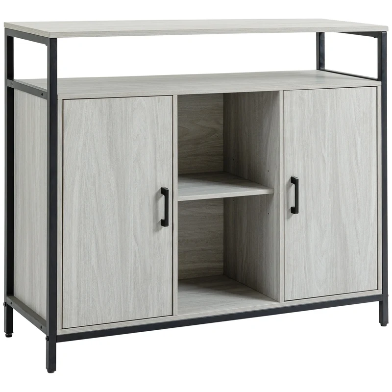 Easycomfort Credenza Moderna in Legno con 2 Armadietti e Ripiani, Mobile Cucina e per Ingresso Grigio Chiaro, 100x34x87.2cm