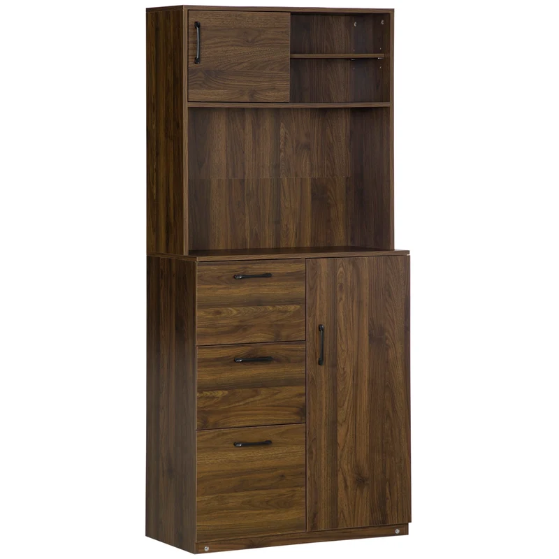 Easycomfort Credenza Moderna con 3 Cassetti e Armadietti, Mobile Dispensa per Cucina e Soggiorno in Legno, 80x40x178cm, Noce