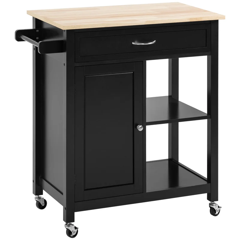 Easycomfort Carrello da Cucina in Legno con Cassetto, Armadietto e Ruote, 83x45x88cm, Nero